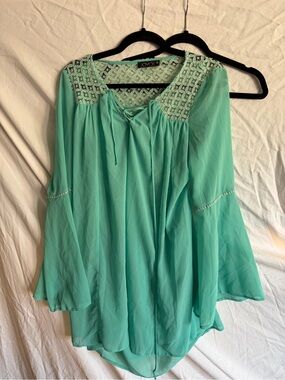 Joyce Mint Lace-Yoke Tunic with Tie Front